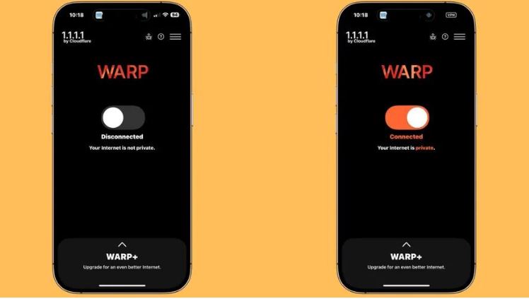  Giao diện ứng dụng 1.1.1.1 trên điện thoại với nút bật/tắt kết nối nhanh chóng.